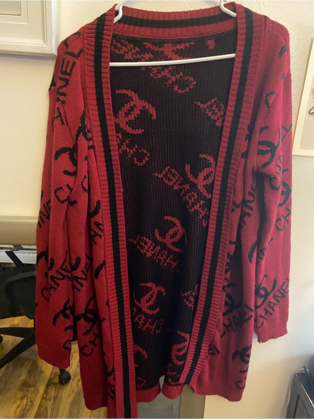 Red and Black Logo-Print Open Front Cardigan